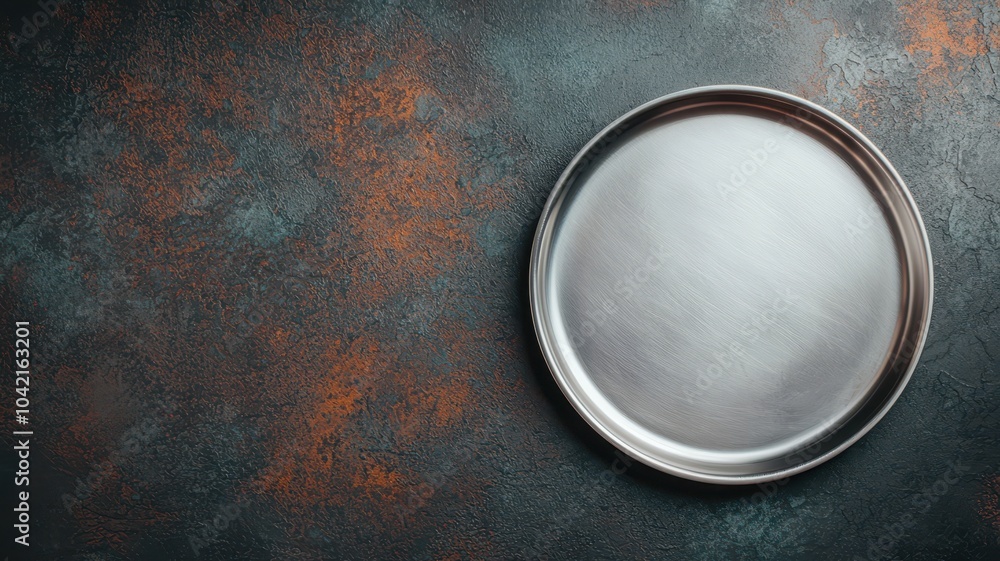 Round metal plate on rustic background with textured surface. Round metal plate on rustic background with textured surface.