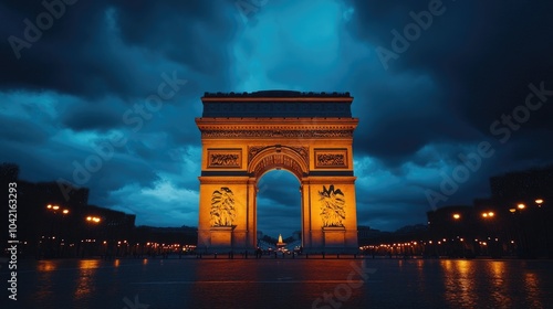 A majestic view of a grand archway at dusk, illuminated by warm lights against a deepening sky.