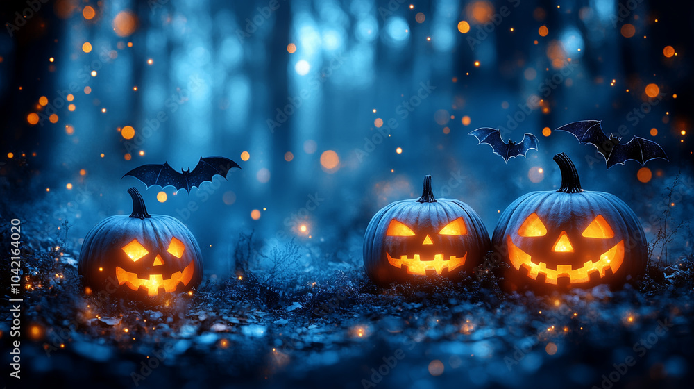 Fototapeta premium A vibrant blue background featuring fun prints of bats, witches, and pumpkins glowing in the dark.