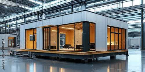  Modern modular home inside production facility, highlighting sleek design and efficient building processes for residential units.