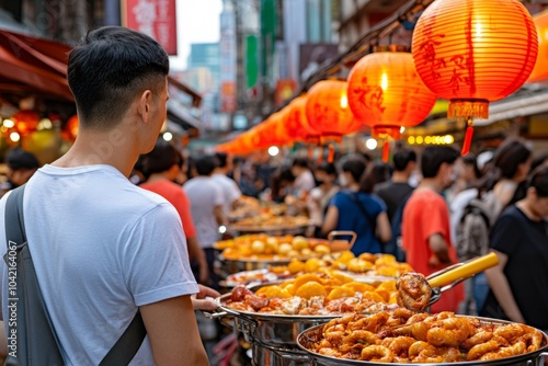 People in a bustling Japanese market, with food stalls and lanterns lining the street, showing local culture photo