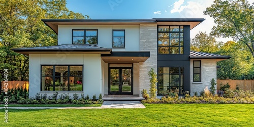  Contemporary two-story home with a mix of stone and stucco exterior, featuring large windows and modern landscape design.