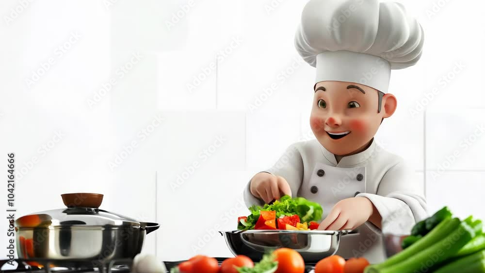 A cheerful cartoon chef cooking vegetables in a kitchen. A cheerful cartoon chef cooking vegetables in a kitchen.