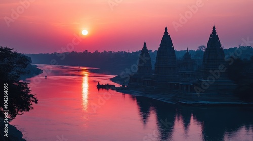A picturesque sunset over the Narmada River, with silhouetted temple structures in the foreground.