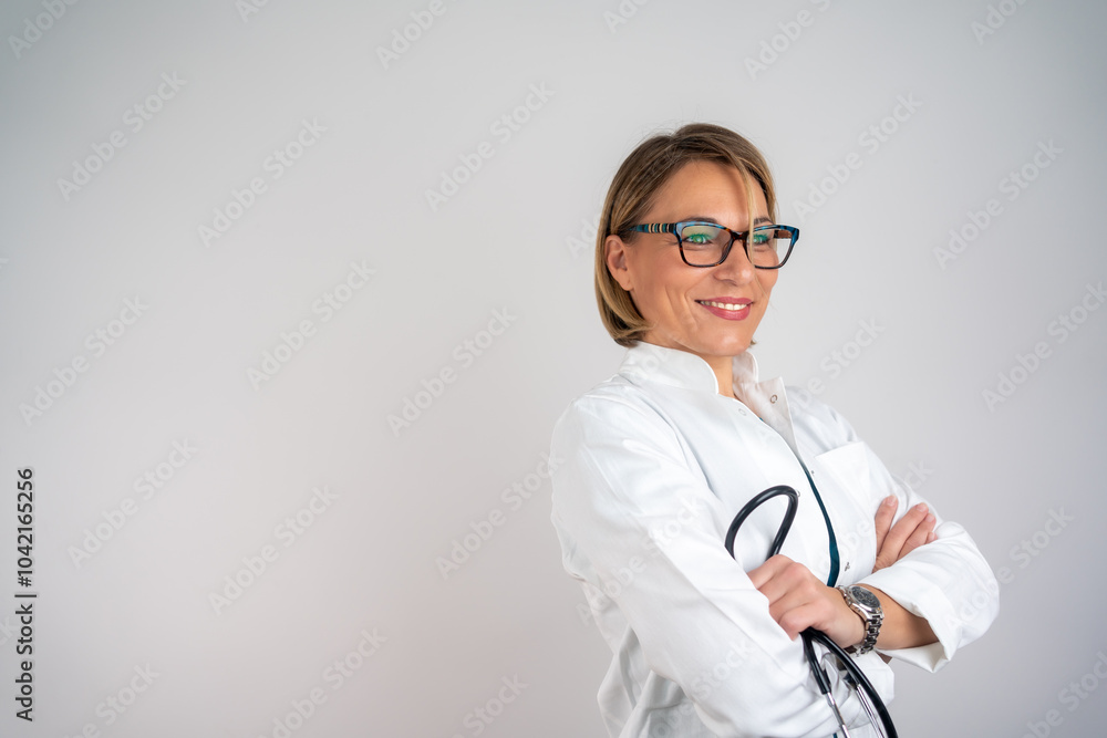 Confident smiling mature doctor woman over isolated background laughing. Beautiful female doctor on modern clinic background. Confident smiling mature doctor woman over isolated background laughing. Beautiful female doctor on modern clinic background.
