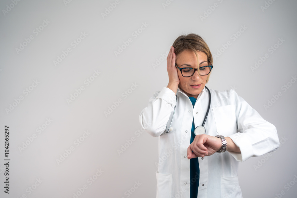 Woman doctor with stethoscope looking at wrist watch. Doctor in white uniform at office background waiting for patients. Time to visit therapist.
Woman doctor with stethoscope looking at wrist watch. Doctor in white uniform at office background waiting for patients. Time to visit therapist.