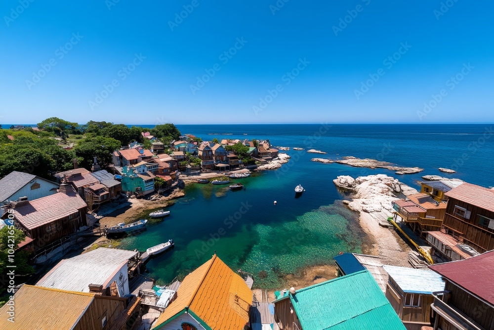 Naklejka premium Popeye Village's iconic wooden houses, with bright blue skies and the sea stretching into the horizon