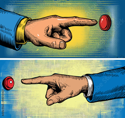 Man hand pressing big red button pop art vector scenes. Wrist emergency switch prime minister political supreme commander president nuclear missile control power symbol, manga comic posters