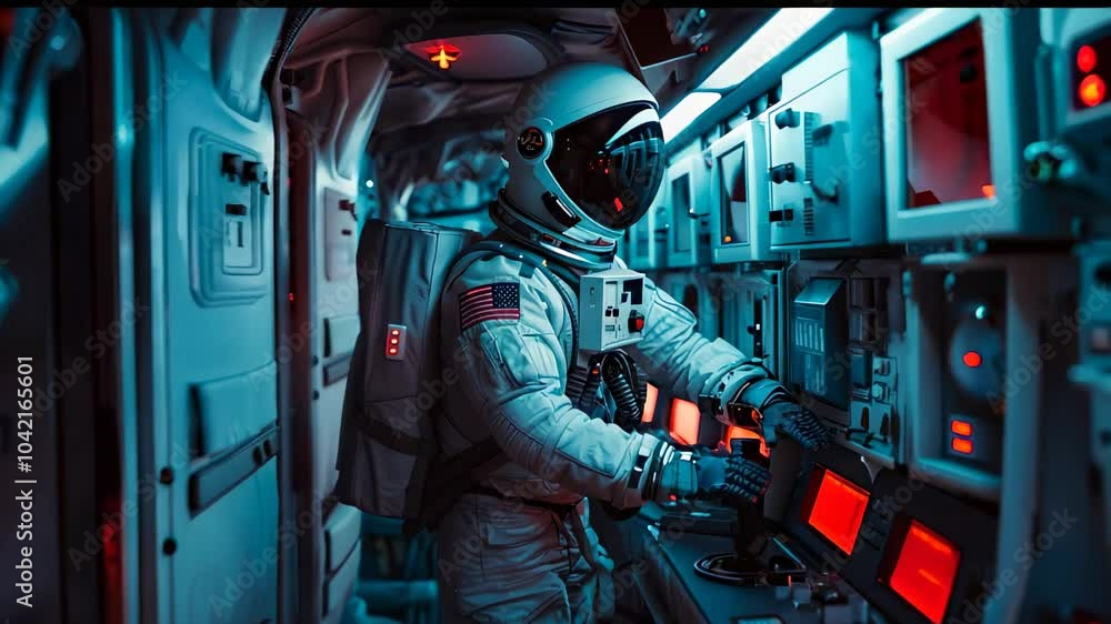 An astronaut operates controls in a high-tech spacecraft. The interior is filled with red lights, creating a futuristic atmosphere for exploration.