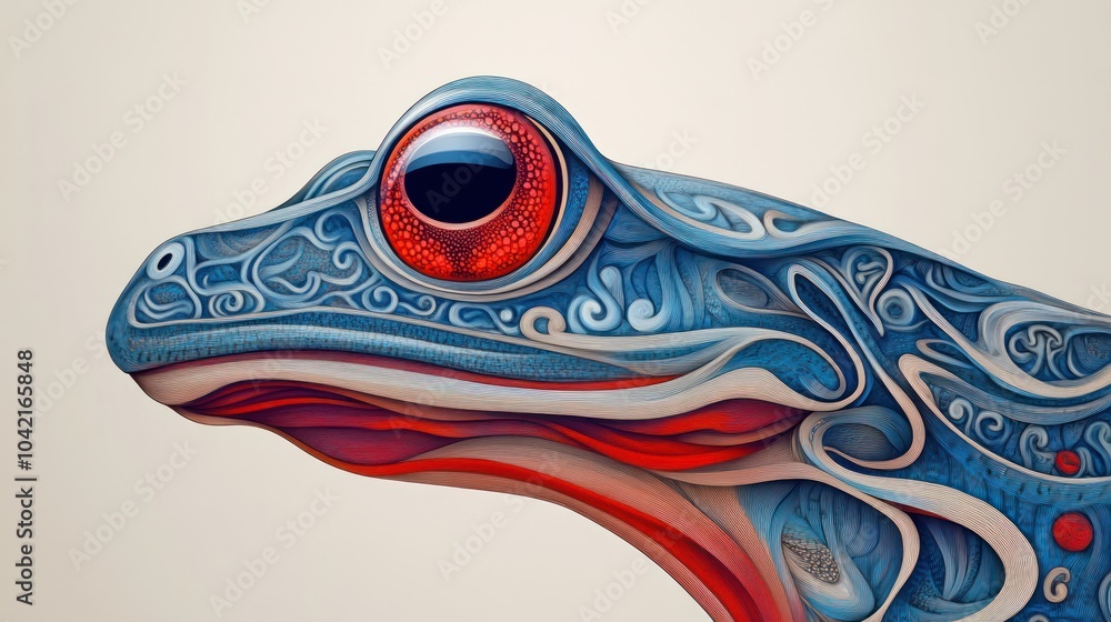A close-up portrait of a blue frog with red eyes and intricate patterns. The frog's head is turned to the side, and its eye is large and prominent. A close-up portrait of a blue frog with red eyes and intricate patterns. The frog's head is turned to the side, and its eye is large and prominent.