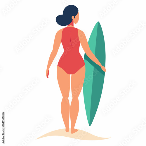 Woman in swimsuit holding surfboard silhouette vector illustration on white background