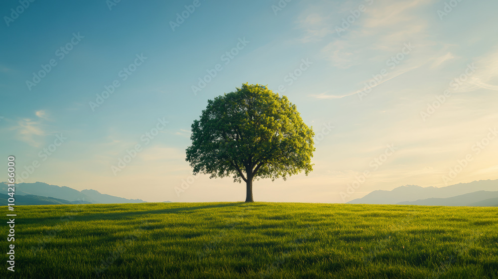 Obraz premium A solitary tree stands majestically in a vast, green field under a clear blue sky, surrounded by distant mountains and gentle sunlight.