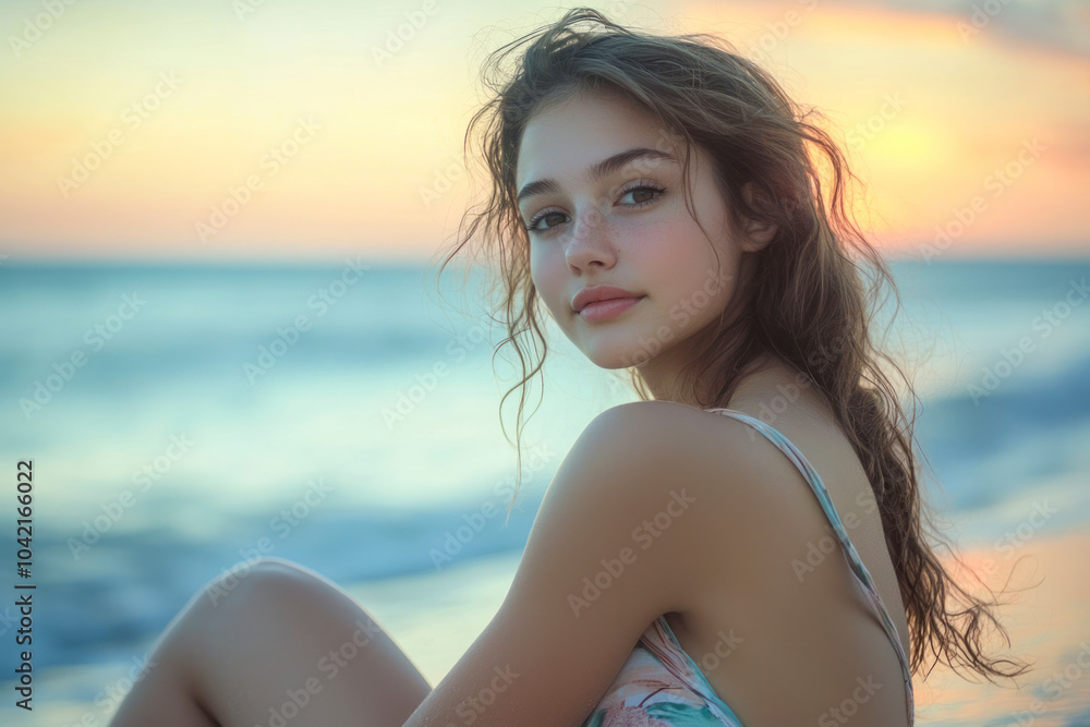 Beautiful young woman posing on a lonely beach. Beautiful young woman posing on a lonely beach.