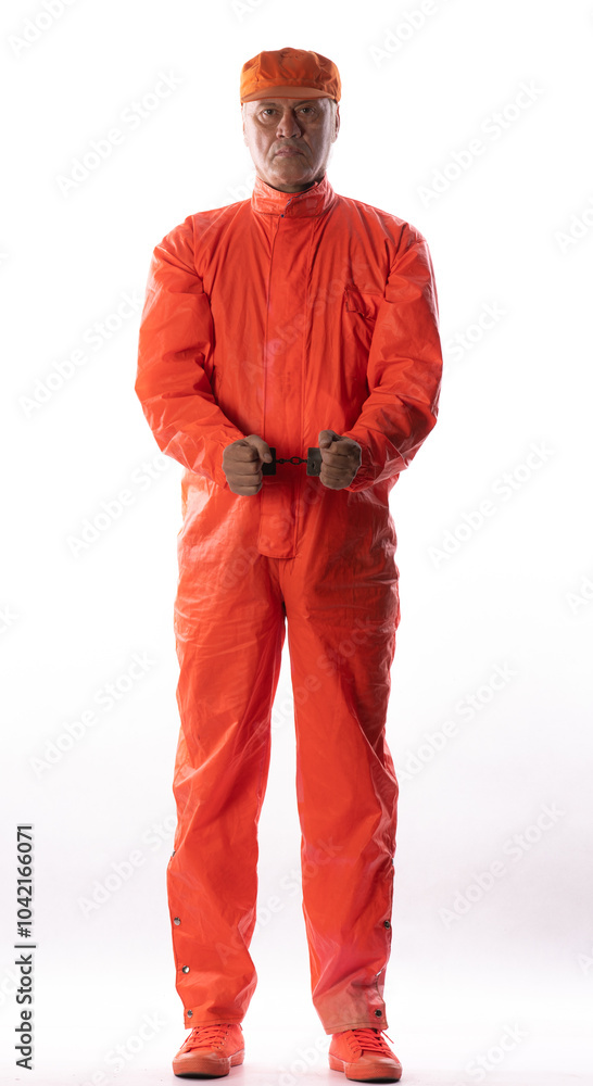 portrait of a man prisoner in orange robe in handcuffs portrait of a man prisoner in orange robe in handcuffs