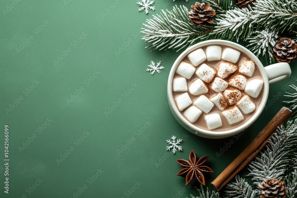 Cozy Winter Hot Chocolate with Marshmallows and Festive Pine Decorations Cozy Winter Hot Chocolate with Marshmallows and Festive Pine Decorations