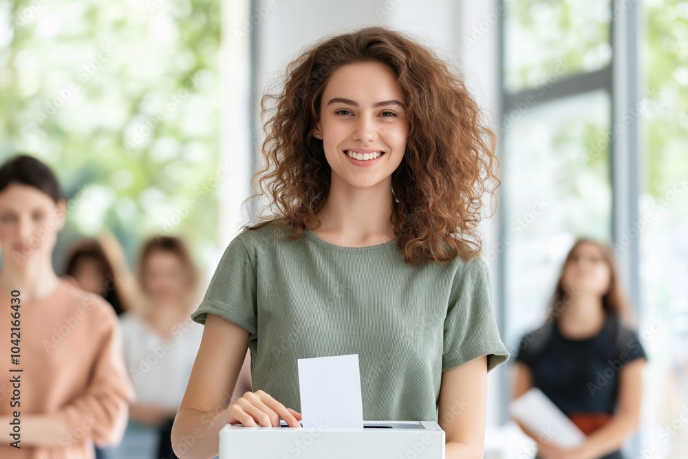 Middle-aged woman joyfully casts her vote into a ballot box in a warm and inviting voting space Middle-aged woman joyfully casts her vote into a ballot box in a warm and inviting voting space