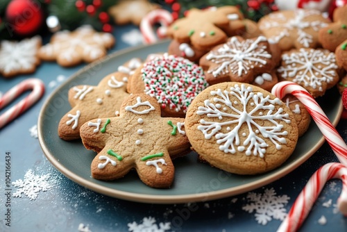 Festive gingerbread cookies on plate with candy canes