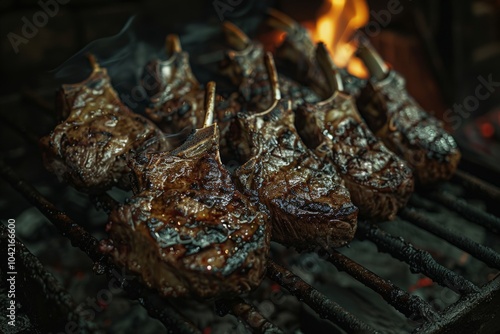 everal lamb chops grilling over an open flame, perfectly charred on the outside, juicy and tender on inside. Smoke rises, and glowing fire in the background adds warmth and intensity to rustic outdoor photo