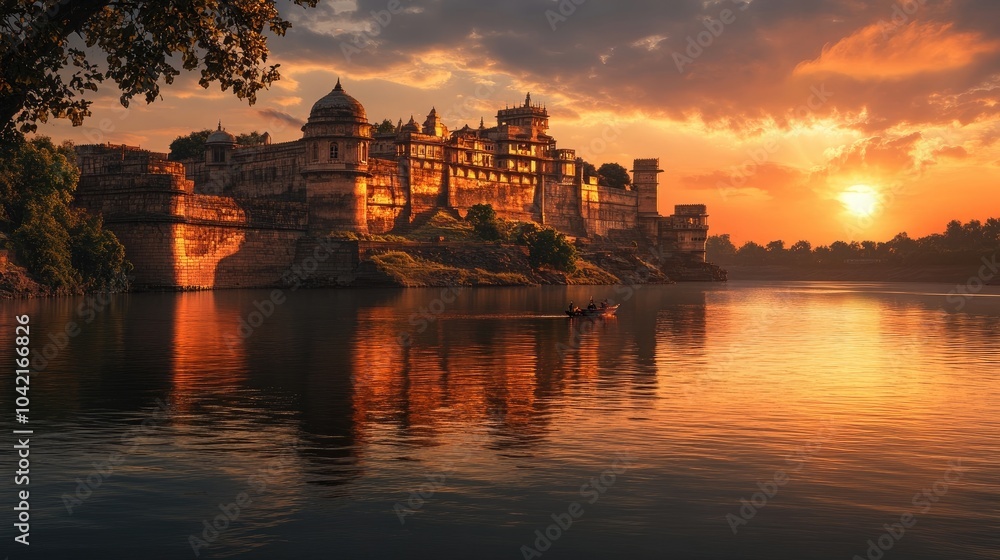 Obraz premium A serene view of the Maheshwar Fort illuminated by the warm glow of sunset, reflecting on the Narmada River.