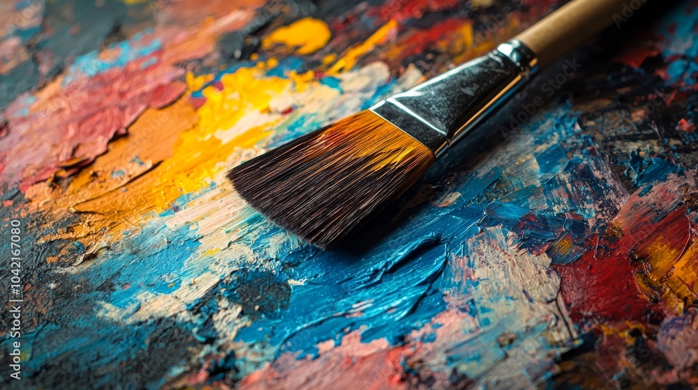 Paintbrush on a colorful textured palette Paintbrush on a colorful textured palette