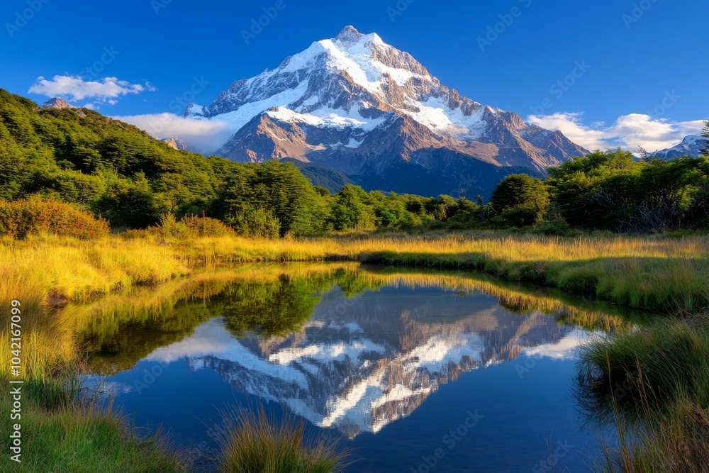 Simple depiction of Monte Fitz Roy reflected in a still lake, with smooth lines and soft colors capturing the calm and serenity of Patagonia Simple depiction of Monte Fitz Roy reflected in a still lake, with smooth lines and soft colors capturing the calm and serenity of Patagonia