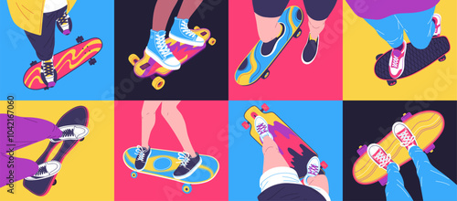 Teenager ride on skateboard above view vector illustrations set, feet in sneakers on longboard bright street design
