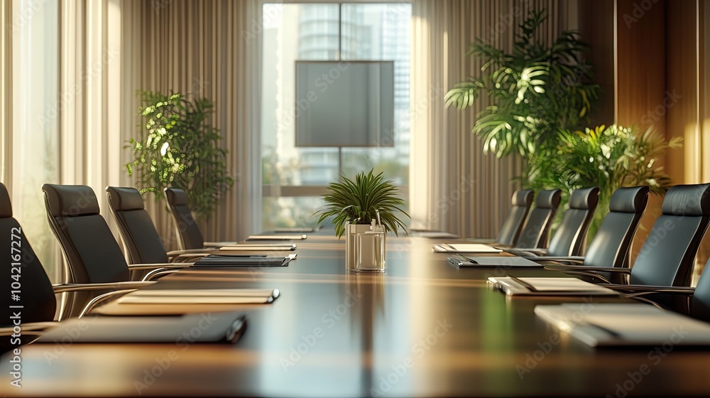 Fototapeta premium A sophisticated boardroom table set for a meeting, showcasing elegant design elements.