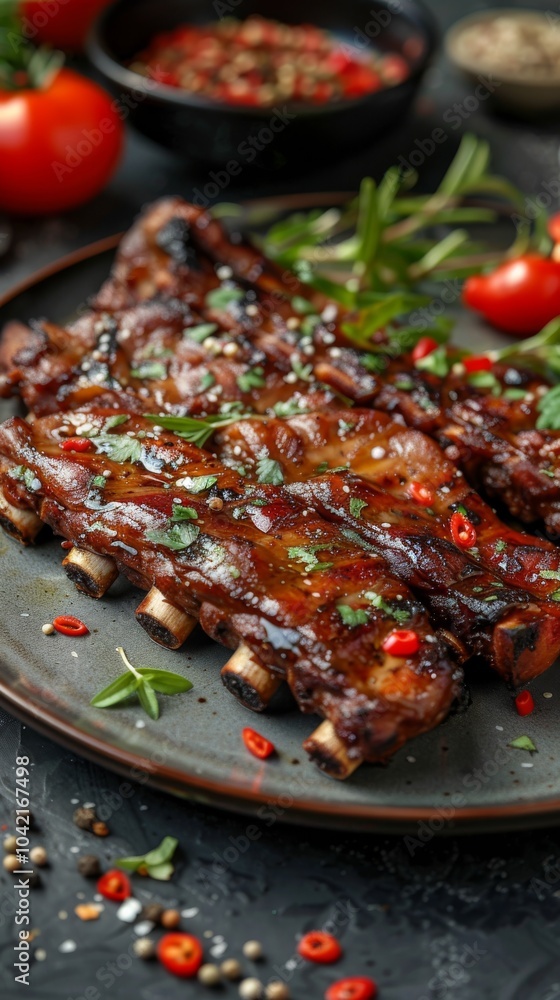 Juicy glazed ribs garnished with herbs and chilies on a plate. Concept is appetizing meat dish presentation. For food-related content Juicy glazed ribs garnished with herbs and chilies on a plate. Concept is appetizing meat dish presentation. For food-related content