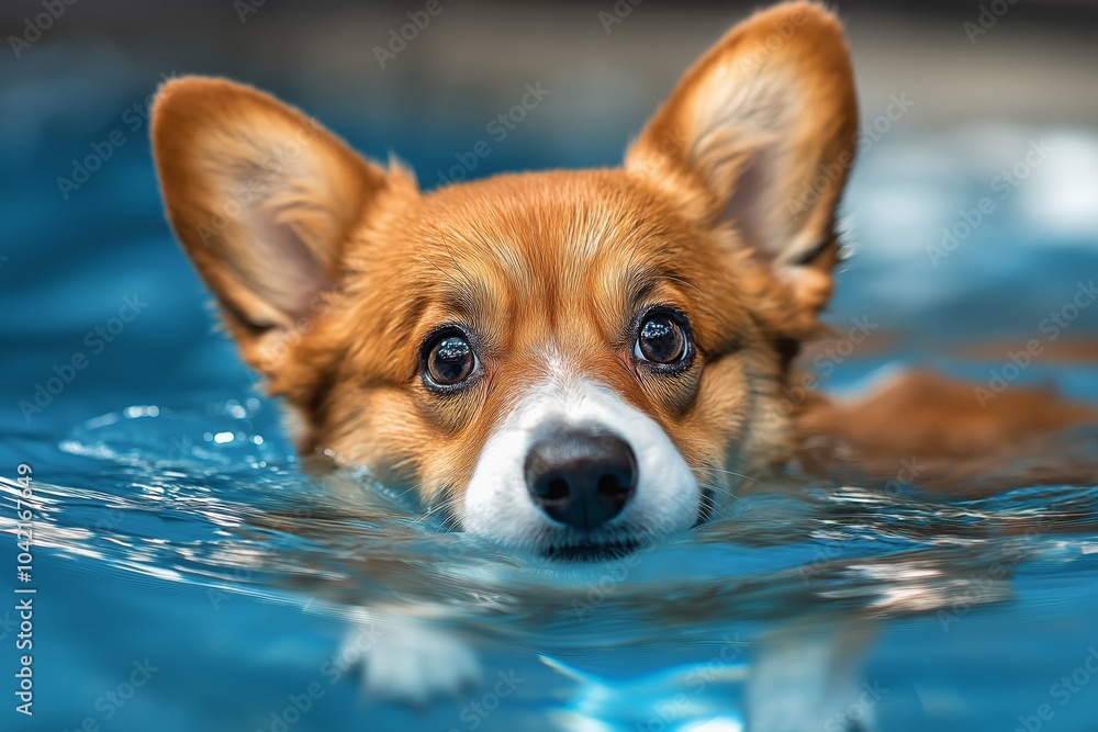 Adorable close-up of a Corgi swimming in water, its large ears perked up and expressive eyes looking forward, capturing the dog's focused and determined expression while swimming Adorable close-up of a Corgi swimming in water, its large ears perked up and expressive eyes looking forward, capturing the dog's focused and determined expression while swimming