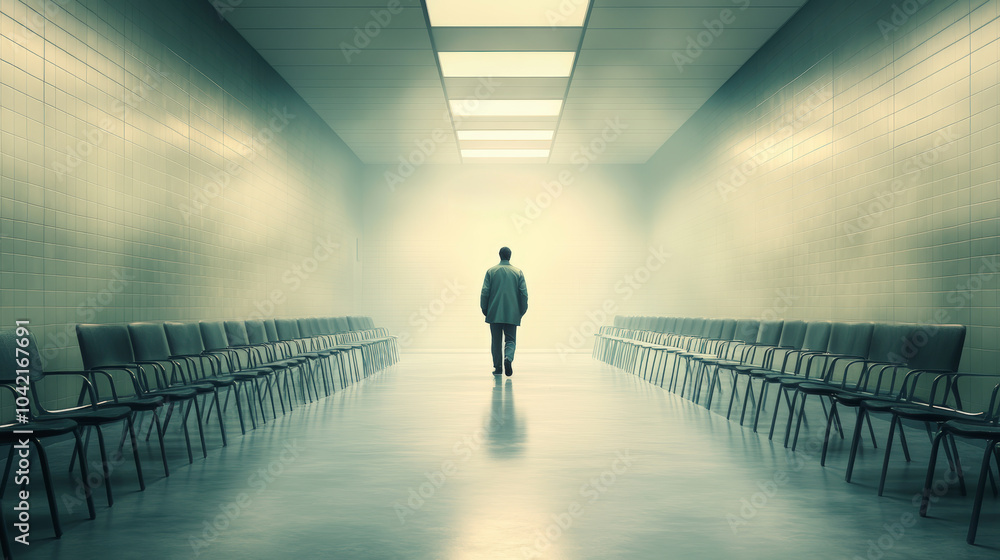 A solitary figure walks through an empty, desaturated corridor lined with chairs, bathed in ethereal light. The scene suggests isolation and contemplation. A solitary figure walks through an empty, desaturated corridor lined with chairs, bathed in ethereal light. The scene suggests isolation and contemplation.