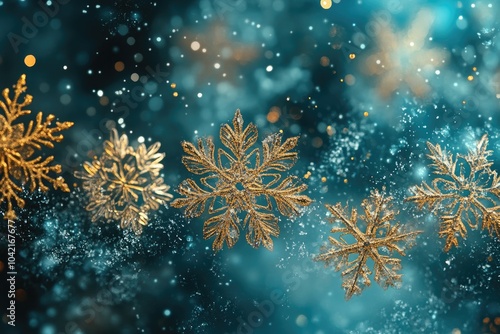 ** Sparkling Gold Snowflakes on Turquoise Background: Enchanting Winter Wonderland