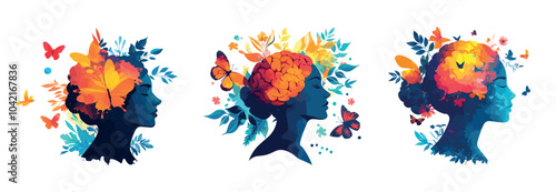 Mental woman health cartoon vector concepts. Flowers hair closed eyes head portrait, mind thinking relax calm girl profile avatars, positive brain female thoughts wellness psychological care