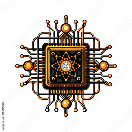 A detailed illustration of a realistic quantum computer with intricate wires and a gold finish.