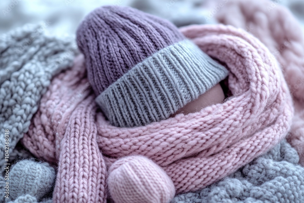 Fototapeta premium Cozy Winter Warmth: Knitted Baby Beanie and Scarf in Soft Pastel Colors