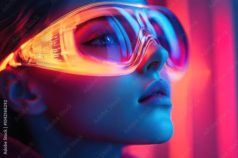 Futuristic Woman with Neon Glasses Immersed in Vibrant Technology Environment Futuristic Woman with Neon Glasses Immersed in Vibrant Technology Environment