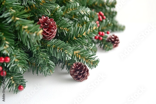 Artificial Christmas garland with pine cones and berries.