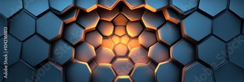 Layered hexagons create a striking geometric pattern, gradually diminishing in size leading to an inviting warm glow at the center. Generative AI