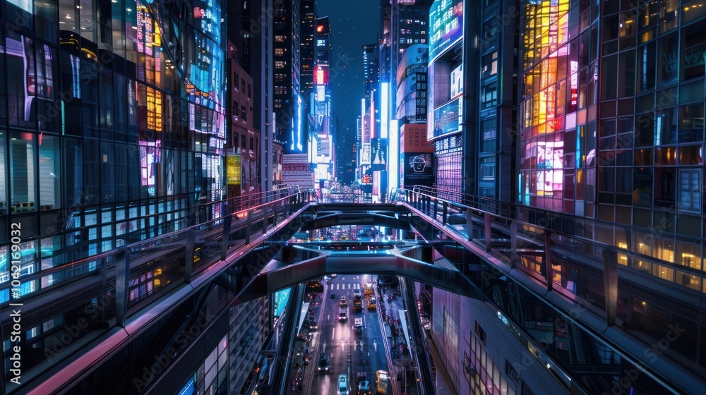 Fototapeta premium Night View of a Modern Cityscape with Neon Lights