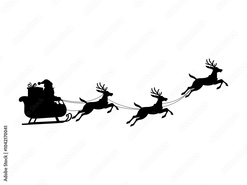 Santa Claus is flying in sleigh with reindeer. Santa Sleigh Silhouette ...