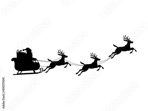 Santa Claus is flying in sleigh with reindeer. Santa Sleigh Silhouette isolated on white background. Vector Illustration