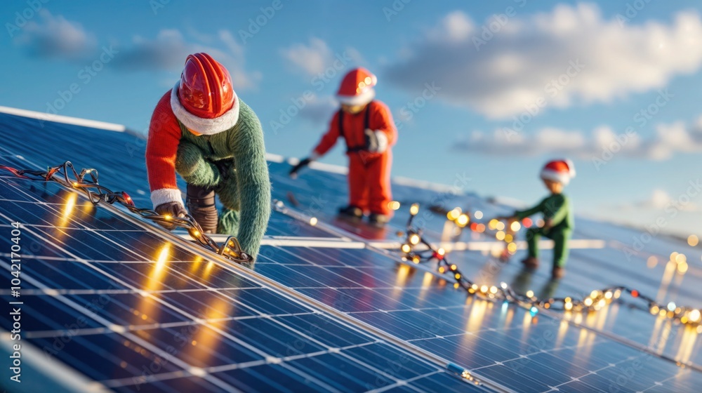 Mini Santa Claus figures decorating solar panels with Christmas lights on a rooftop, eco-friendly holiday celebration