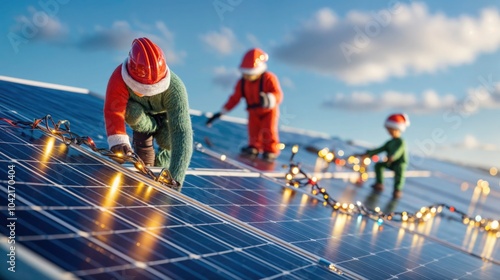 Obraz na płótnie Mini Santa Claus figures decorating solar panels with Christmas lights on a rooftop, eco-friendly holiday celebration w salonie