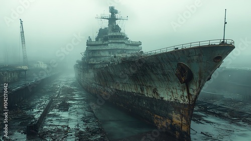 Ghost Ship in the Fog: A Haunting View of an Abandoned Vessel photo