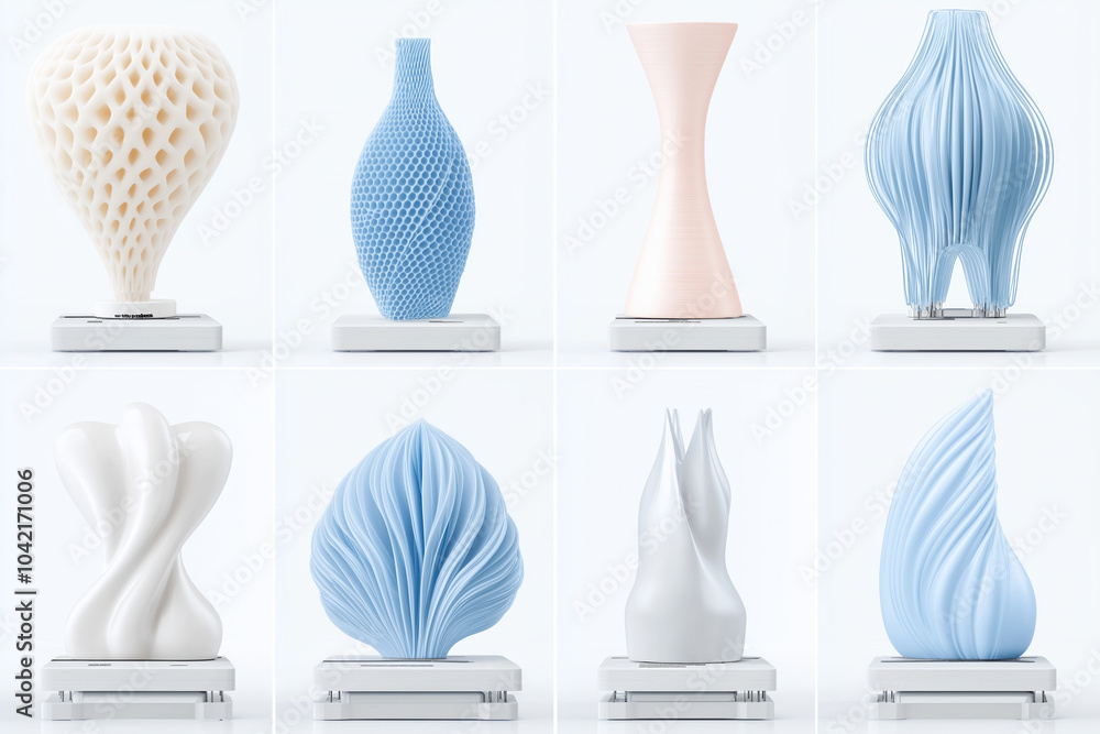 Abstract vases collection on white platforms with bright lighting Abstract vases collection on white platforms with bright lighting