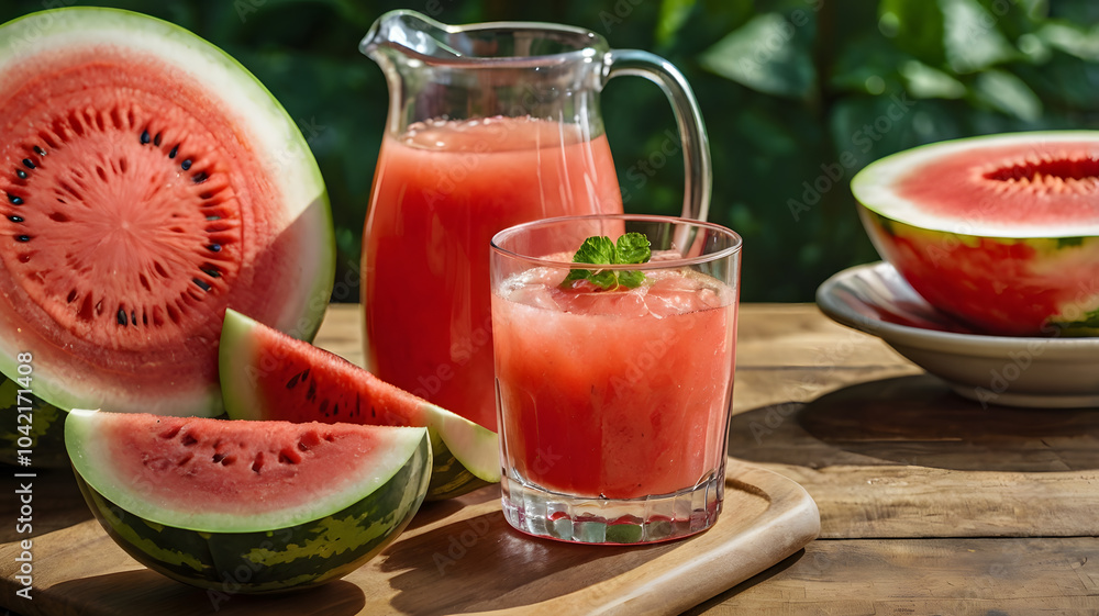 A vibrant slice of watermelon with refreshing juice, perfect for summer, showcasing bright colors and tantalizing texture. A vibrant slice of watermelon with refreshing juice, perfect for summer, showcasing bright colors and tantalizing texture.