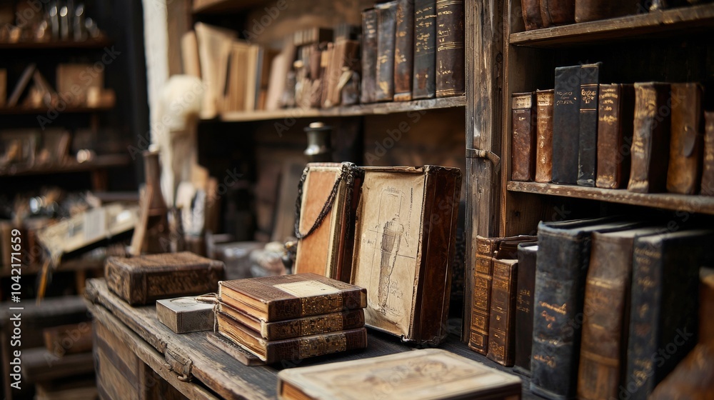 Obraz premium Close-up of antique books on a wooden shelf in a vintage library