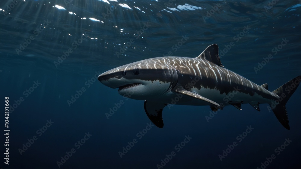 Fototapeta premium A great white shark swims through the deep blue water with sunlight breaking through the surface.