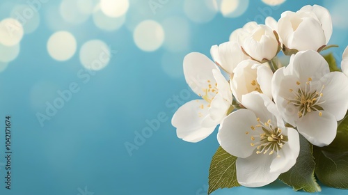 A delicate bouquet of white flowers against a soft blue background, creating a serene and elegant ambiance.