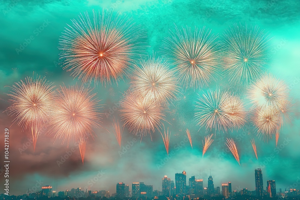 Obraz premium Vibrant fireworks over city skyline at dusk