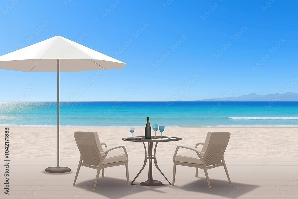 Relaxing beachfront setup with chairs, table, and drinks under an umbrella on sunny day Relaxing beachfront setup with chairs, table, and drinks under an umbrella on sunny day
